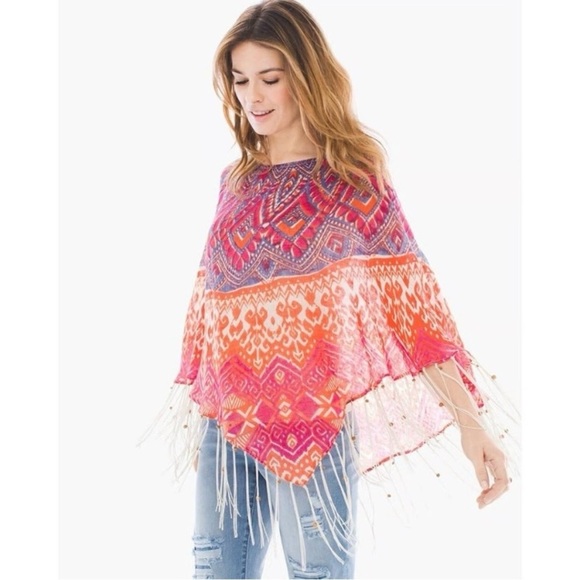 Chico's Sweaters - Chico's Phoebe Linen Poncho Multicolor O/S Fringe Lightweight Boho Hipster